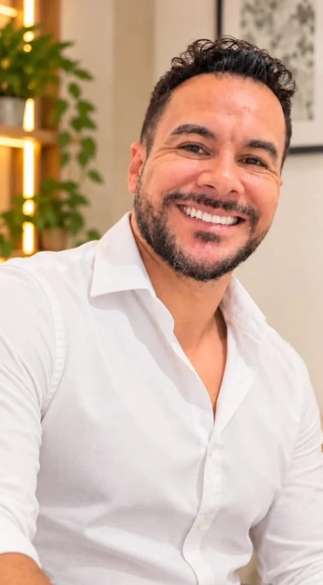 Daniel Santos, psicólogo, sorrindo de camisa branca