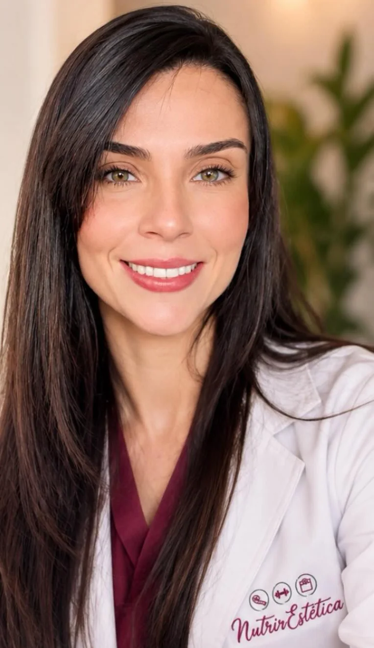 Josiéle Marques, fisioterapeuta, sorrindo de jaleco branco com o logo da NutrirEstética durante uma sessão de acupuntura